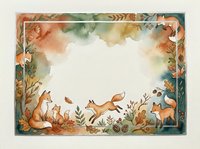 Watercolor autumn frame with playful foxes, fall foliage, acorns, and berries. Warm earthy tones, copy space center for text or design.