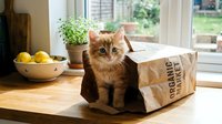 Ginger tabby kitten sitting on wooden table next to kraft paper grocery bag, fresh lemons in bowl and potted plant by window, domestic pet indoors.