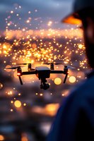 Drone flying at sunset with bokeh city lights creating magical atmosphere. Professional quadcopter silhouette against blurred urban landscape during golden hour.