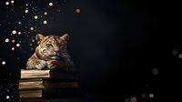 Majestic tiger resting on stack of vintage books against dark background with magical glowing bokeh lights and sparkles, creating mystical educational atmosphere.