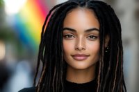 Young African American woman with dreadlocks and natural makeup smiling confidently against blurred rainbow background, wearing black top, modern urban portrait.