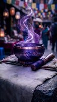 Mystical singing bowl with purple magical smoke and sparkles on ancient stone altar with ceremonial tools and colorful prayer flags in blurred background.