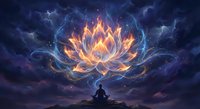 Glowing lotus flower with flames emerging from cosmic sky above meditating silhouette figure, spiritual enlightenment and mindfulness concept for wellness designs.
