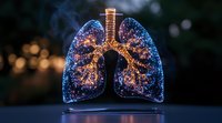 Glowing anatomical lungs model with blue illumination and golden light effects against dark background showcases respiratory system structure and bronchi detail.