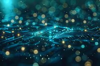 Glowing circuit board pattern with blue light trails and golden bokeh effects on dark background creates futuristic technology concept for digital transformation designs.