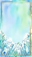 Watercolor dental care frame with gold border, featuring teeth, toothbrushes, and botanical elements on soft blue-green gradient background. Isolated design ready for dental clinic posters, healthcare marketing, and wellness branding.