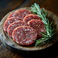 Sliced salami with black pepper and fresh rosemary sprigs arranged on rustic wooden cutting board, close-up view showing meat texture and seasoning.