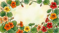 Watercolor nasturtium floral frame with orange, red and yellow blooms on soft green background, copy space for text or design.