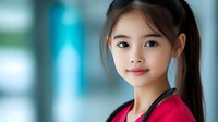 Young Asian woman with long dark ponytail wearing bright red top smiles warmly at camera against blurred turquoise background. Natural makeup and gentle expression create welcoming mood.