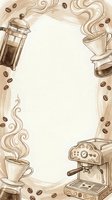 Coffee frame with espresso machine, french press, cups and beans in vintage sepia style. Perfect for cafe menus, coffee shop branding and beverage promotions.