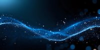 Glowing blue wave with sparkling particles and bokeh effects on dark background creates magical atmosphere for technology and science designs.