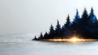 Mystical winter landscape with glowing light trail along snowy ground and silhouettes of pine trees against foggy background, creating magical forest atmosphere.
