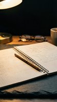 Architect's workspace with spiral notebook, metal pen, eyeglasses, desk lamp, and coffee cup on dark surface. Professional design studio setup for planning and sketching projects.