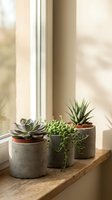 Small succulent plants in concrete pots arranged on wooden windowsill with natural sunlight for modern home decor and indoor gardening.