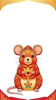 Cute cartoon rat in traditional Chinese costume holding gold ingot on decorative frame background for lunar new year celebration and festival greeting cards.