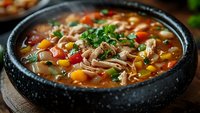 Hearty chicken soup with colorful vegetables, beans and fresh herbs served in rustic black bowl. Rich broth garnished with parsley for warming comfort food.