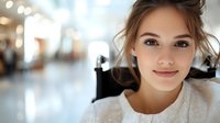 Young Caucasian woman with natural makeup and gentle smile wearing white sweater against blurred bright background. Soft focus portrait with bokeh lights.