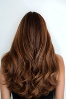 Long wavy brown hair from behind showing healthy, shiny locks with natural highlights and layered cut styling against white background, beauty salon concept.