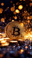 Golden cryptocurrency coin with glowing bokeh lights and sparkles on dark background, creating magical atmosphere for finance and technology concepts.