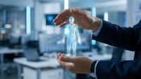 Businessman holding glowing digital human figure in hands, representing innovation, technology, and human resources management in modern corporate environment.
