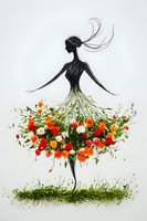 Elegant woman silhouette with flowing hair dancing in dress made of colorful spring flowers and green leaves on white background for fashion design.