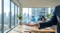 Professional businessman displaying holographic financial data analytics in modern corporate office with city skyline view for business presentations.