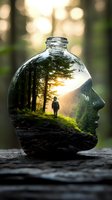 Double exposure silhouette of face and glass bottle containing hiker in misty forest at sunrise, creative conceptual nature photography for mindfulness themes.