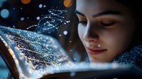 Young woman reading glowing magical book in dark room with sparkles and light particles creating ethereal atmosphere, dreamy expression on face.