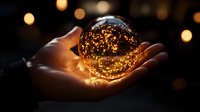 Crystal ball glowing with magical golden lights held in palm against dark background with bokeh effect creates mystical atmosphere.