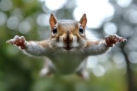 Playful squirrel with outstretched paws against blurred green bokeh background, close-up portrait showing curious expression and detailed facial features.