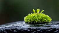 Vibrant green moss growing on dark wet stone with tiny sprouts emerging, symbolizing renewal and growth in nature's smallest ecosystems.