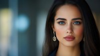 Young woman with long dark hair, blue eyes, and fair complexion wearing elegant pearl drop earrings against a blurred urban background. Suitable for beauty, fashion, and lifestyle marketing.
