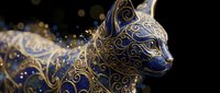 Ornate blue and gold decorative cat figurine with intricate swirl patterns and metallic details against dark background with bokeh lights.