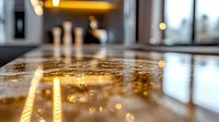 Luxurious marble countertop with golden light reflections and bokeh effects in modern kitchen interior, creating elegant atmosphere for hospitality and design projects.