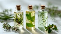 Three glass bottles with cork stoppers containing herbal infusions of thyme, mint, and rosemary on white surface with fresh herbs scattered around.