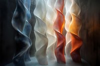 Abstract flowing fabric waves in gradient colors from dark blue to white and orange, creating ethereal light effect with soft shadows and smooth transitions.