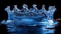 Dramatic high-speed capture of blue water crown splash formation with droplets frozen in time against dark background, showing liquid dynamics and surface tension.