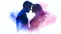 Romantic silhouette of young couple in love against pink and blue smoke background, tender moment before kiss with flowing hair and dreamy atmosphere.