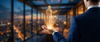 Businessman holding glowing human figure in modern office at sunset representing leadership, mentorship and human resources management concepts.