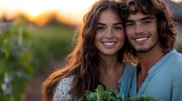 Young diverse couple smiling at sunset in vineyard setting, wearing casual summer clothing. Natural golden hour lighting creates warm romantic atmosphere.