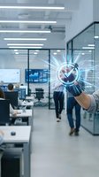 Businessman hand touching holographic checkmark icon in modern office space with digital verification concept for business success and quality control.
