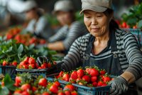 Asian female farmer sorting fresh ripe strawberries at organic farm. Agricultural worker in apron and cap selecting quality berries for market packaging.