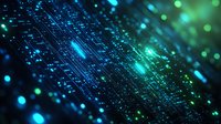 Futuristic digital network with glowing blue and green light effects on dark background, abstract technology concept for cybersecurity and data transfer.