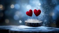 Two red hearts floating magically above wooden stump with sparkles and bokeh lights in dreamy blue atmosphere, romantic Valentine concept for greeting cards.