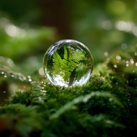 Crystal glass ball on green moss reflects delicate fern leaf pattern with bokeh light effects in nature macro photography setting.