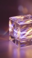 Transparent glass cube with glowing neon light trails inside, creating abstract energy patterns. Purple and golden illumination against soft blurred background for modern design projects.