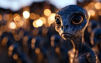 Extraterrestrial creature with large eyes gazes directly at camera against warm bokeh lights. Alien character design for sci-fi films, games, and fantasy projects.