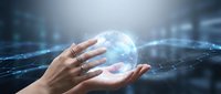 Hands holding glowing digital sphere with network connections, representing technology innovation, data connectivity, and global business solutions for corporate presentations.