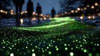 Glowing green particles create dynamic wave pattern against dark background with bokeh lights, magical atmospheric evening scene for creative projects.