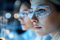 Young female scientist in protective eyewear working in modern laboratory with blue lighting and bokeh effects, focused on research with colleague in background.